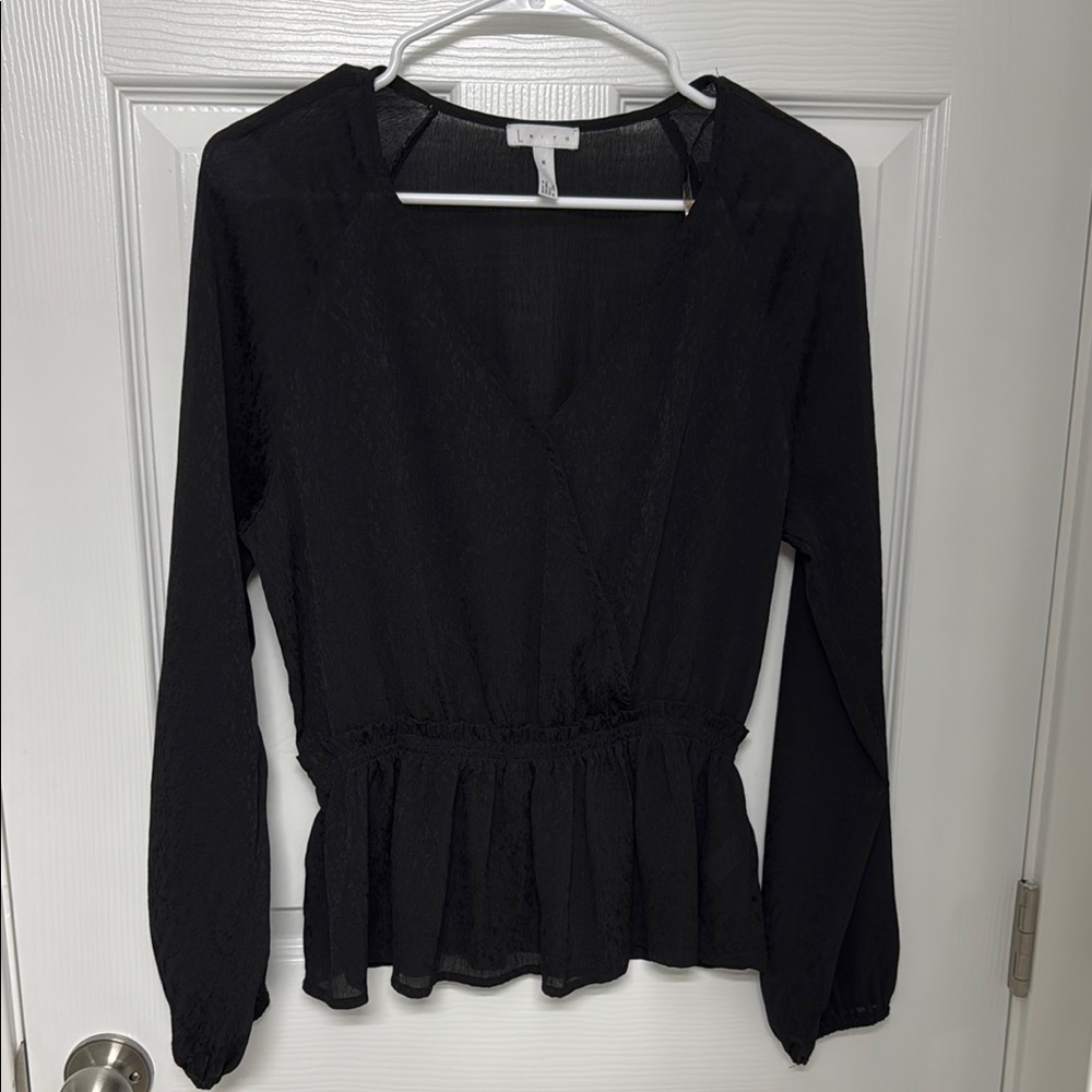 Black Puff Sleeve Wrap Peplum Blouse